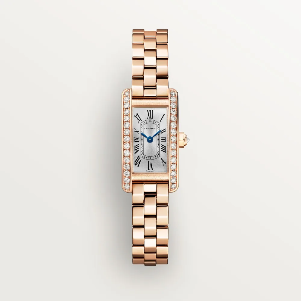 Cartier Tank Américaine, Mini model, quartz movement, rose gold, diamonds