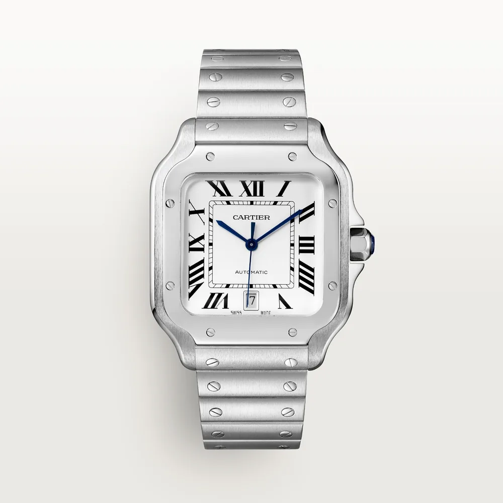 Cartier Santos de Cartier, Large model, automatic movement, steel, interchangeable metal and leather bracelets