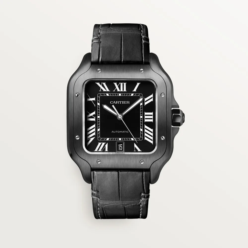 Cartier Santos de Cartier, Large model, automatic movement, steel, Adlc, interchangeable rubber and leather bracelets