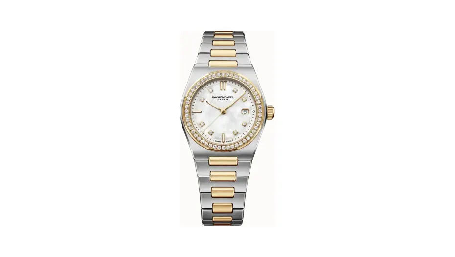 Raymond Weil A.R.T. Mother-of-pearl Dial Diamond-Set Bezel Integrated Two-tone Bracelet Quartz Watch, 30 mm