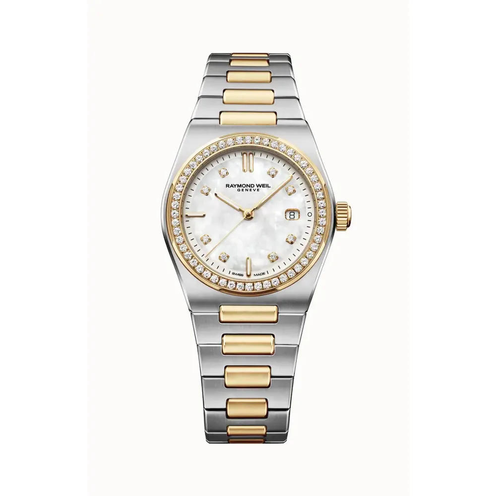 Raymond Weil A.R.T. Mother-of-pearl Dial Diamond-Set Bezel Integrated Two-tone Bracelet Quartz Watch, 30 mm