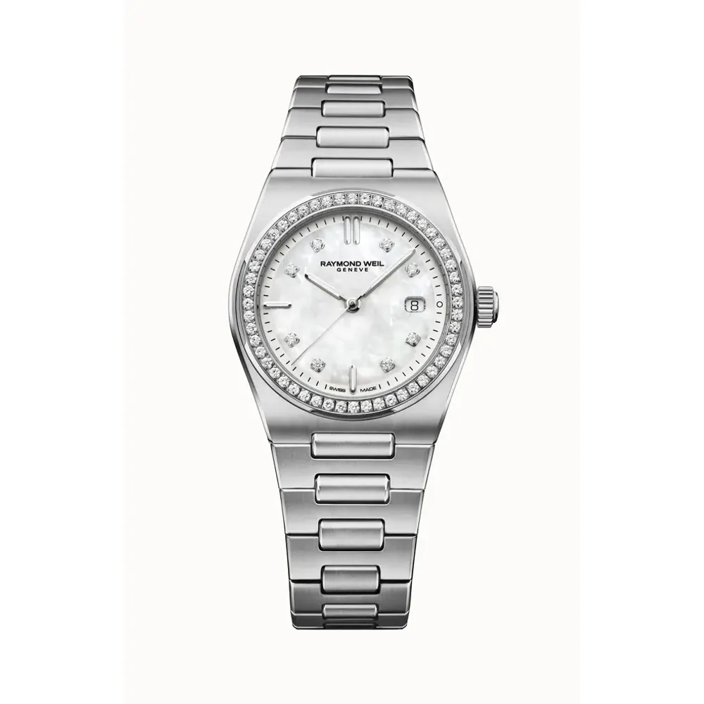 Raymond Weil A.R.T. Mother-of-pearl Dial Diamond-Set Bezel Integrated Stainless Steel Bracelet Quartz Watch, 30 mm