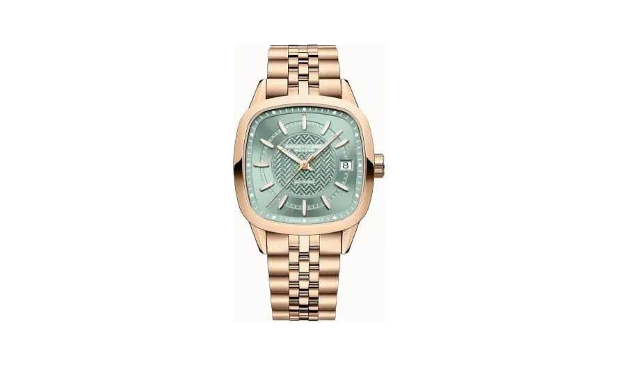 Raymond Weil Freelancer Ladies Automatic Green Dial Rose Gold Bracelet Cushion Shape Watch, 34 x 34 mm