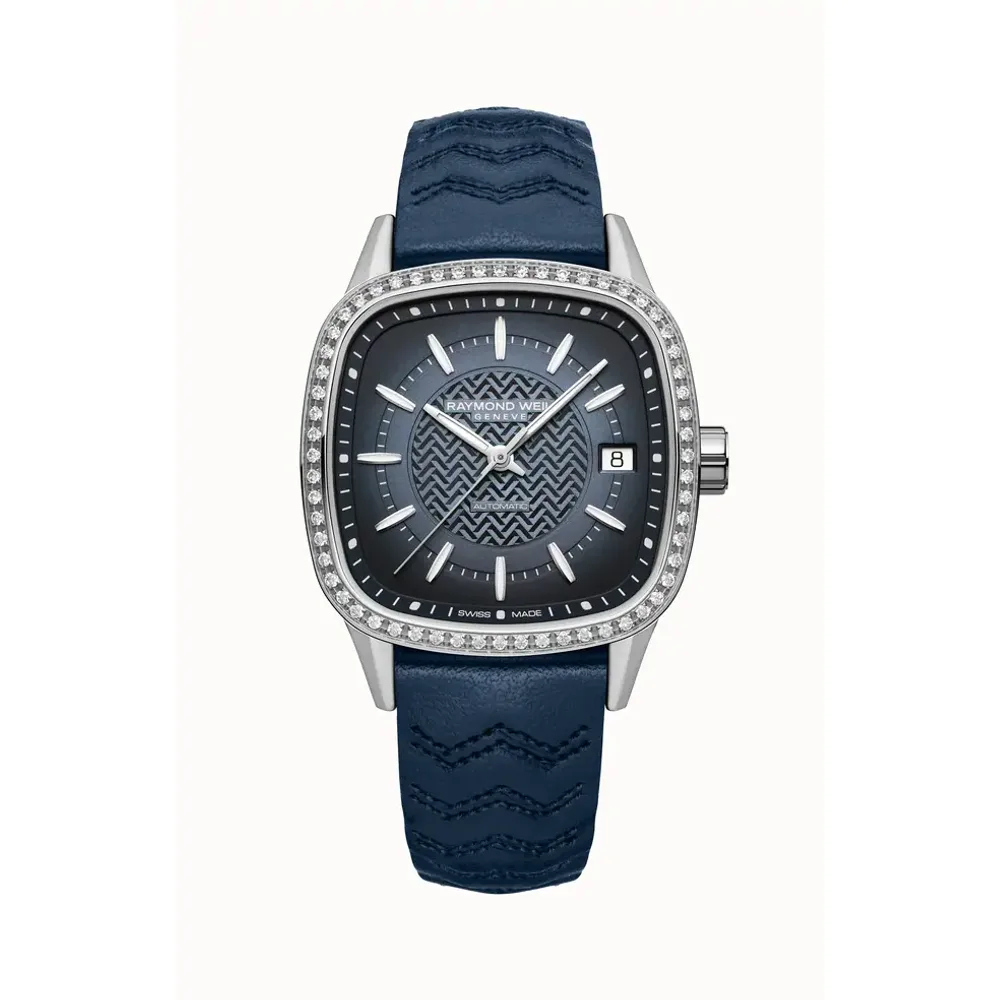 Raymond Weil Freelancer Ladies Automatic Blue Dial Leather Cushion Shape Watch, 34 x 34 mm