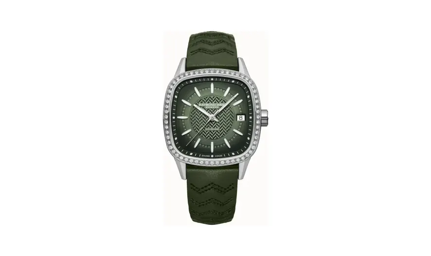 Raymond Weil Freelancer Ladies Automatic Green Dial Leather Cushion Shape Watch, 34 x 34 mm