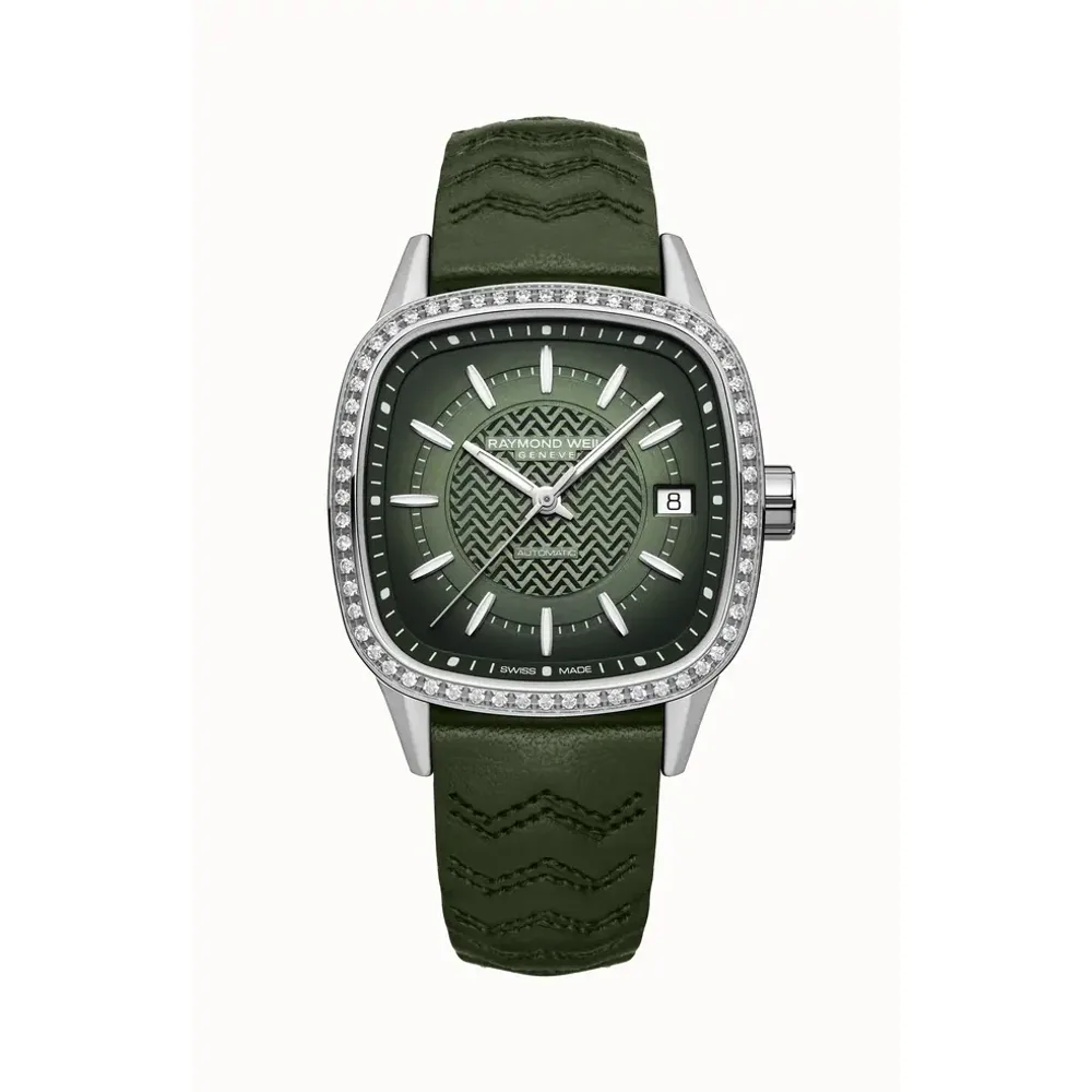 Raymond Weil Freelancer Ladies Automatic Green Dial Leather Cushion Shape Watch, 34 x 34 mm