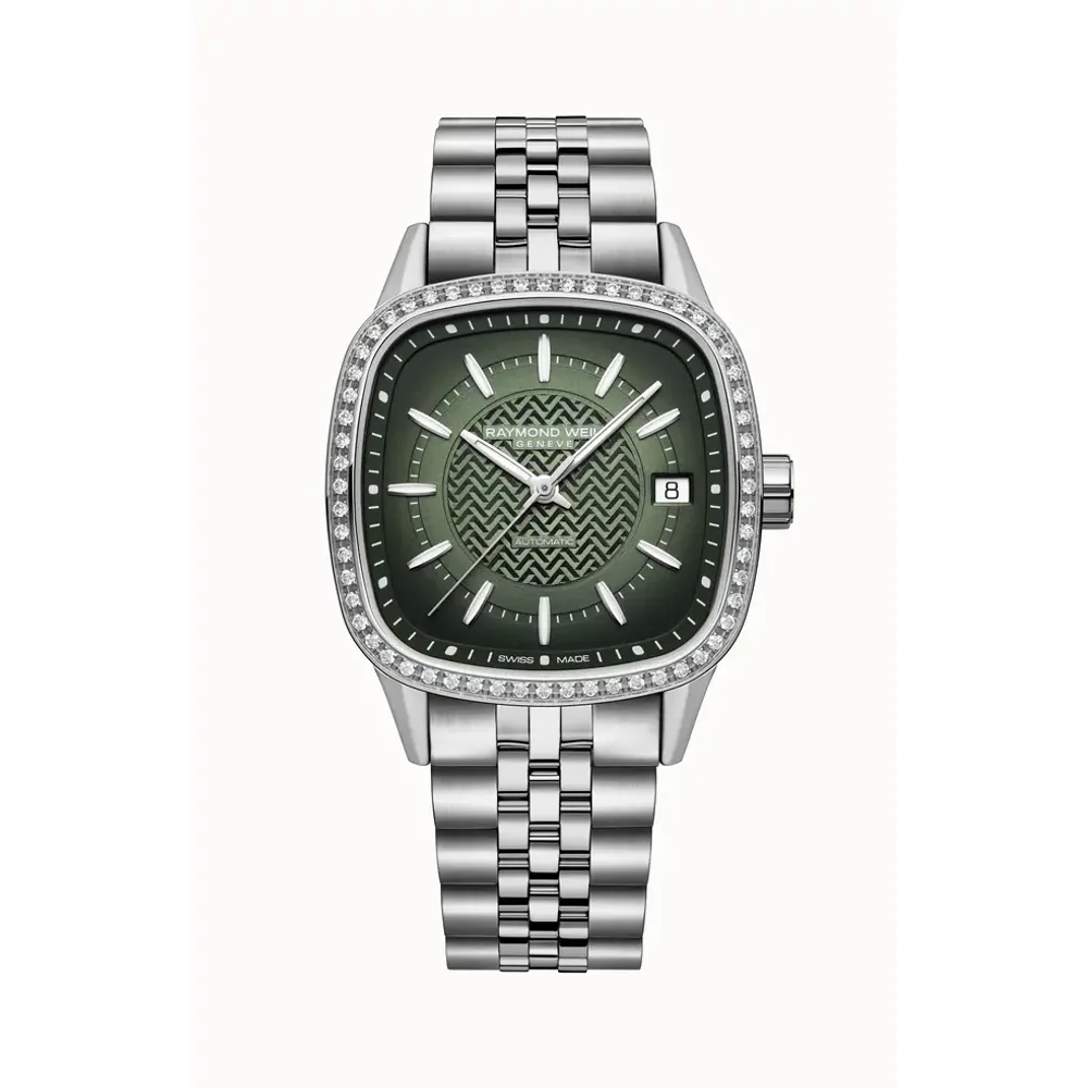 Raymond Weil Freelancer Ladies Automatic Green Dial Bracelet Cushion Shape Watch, 34 x 34 mm