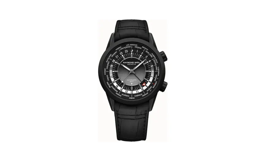 Raymond Weil Freelancer Men's GMT Worldtimer Black Leather Automatic Watch, 41 mm