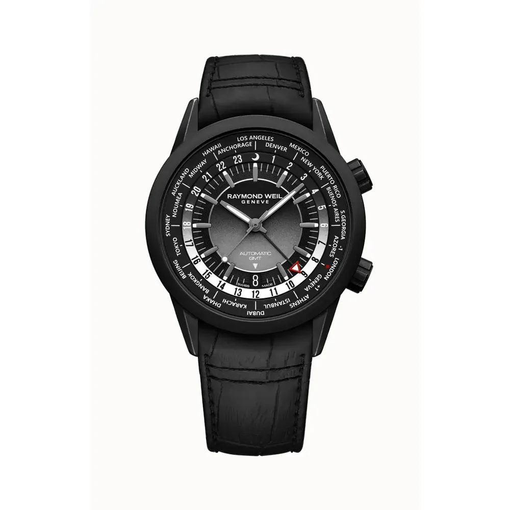 Raymond Weil Freelancer Men's GMT Worldtimer Black Leather Automatic Watch, 41 mm