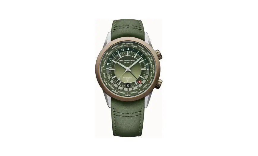 Raymond Weil Freelancer Men's GMT Worldtimer Green Leather Automatic Watch, 41 mm