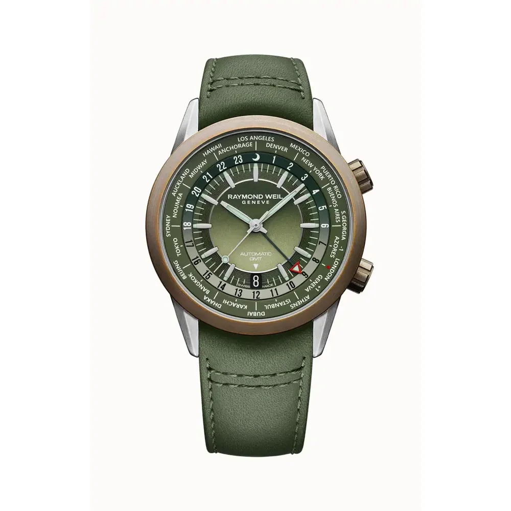 Raymond Weil Freelancer Men's GMT Worldtimer Green Leather Automatic Watch, 41 mm