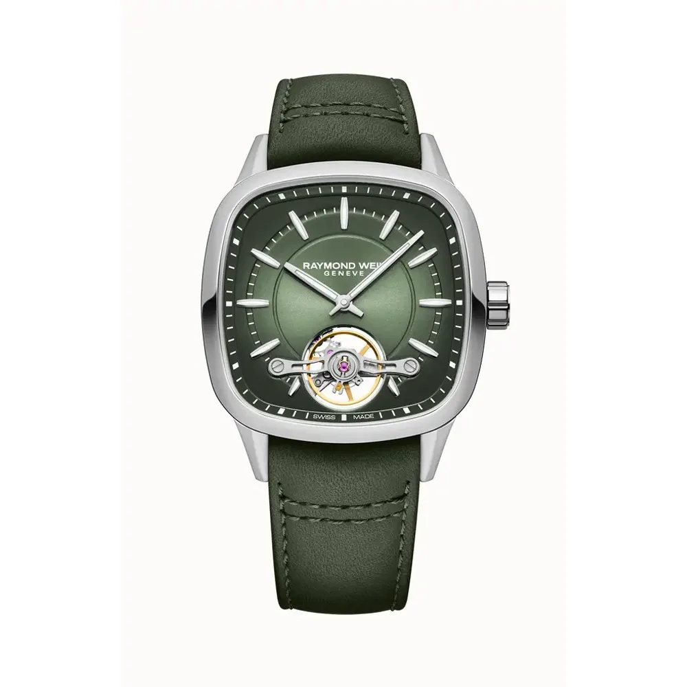 Raymond Weil Freelancer Calibre RW1212 Men’s Automatic Green Leather Strap Cushion Shape Watch, 40 x 40 mm