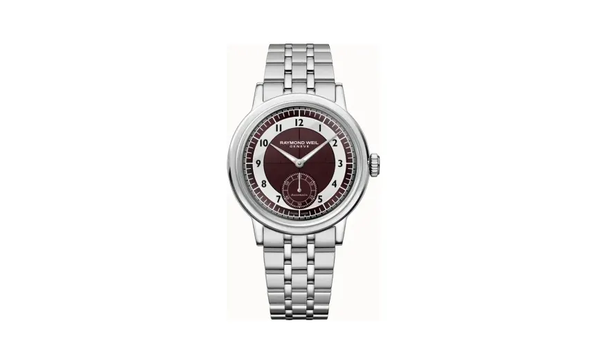 Raymond Weil Millesime Men's Automatic Small Seconds Tuxedo Burgundy and Light Grey Dial Bracelet Watch, 39 mm