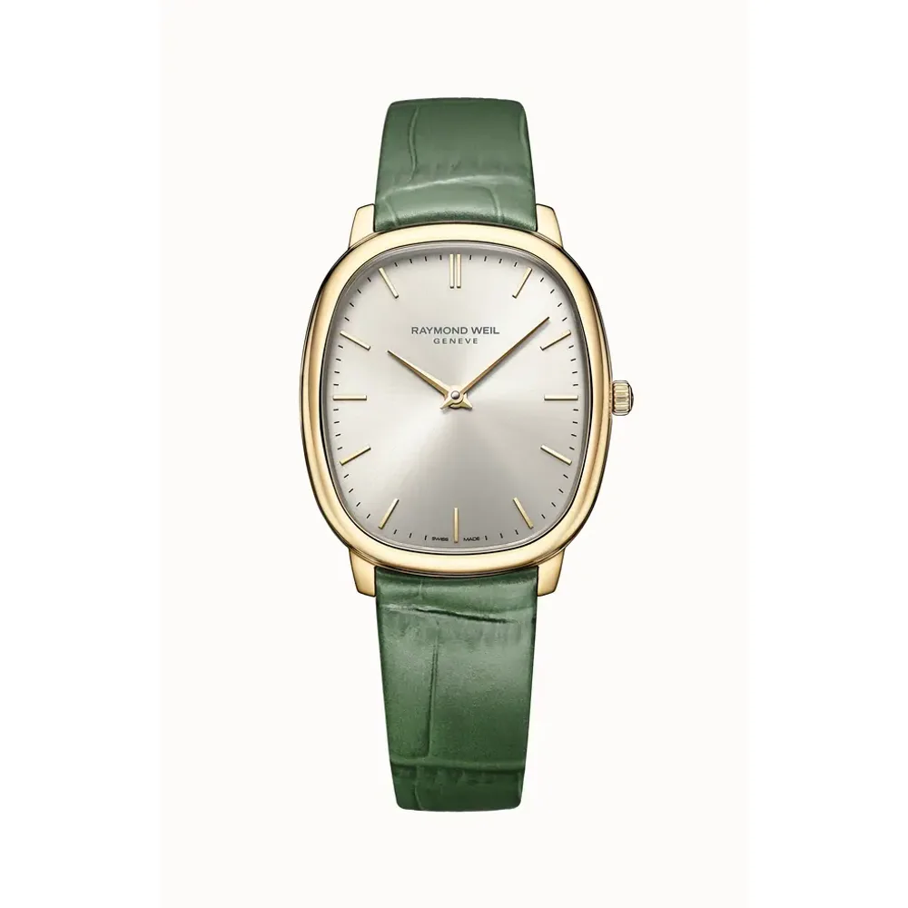 Raymond Weil Toccata Heritage Old Silver Dial Green Leather Strap Quartz Watch, 31 x 36 mm