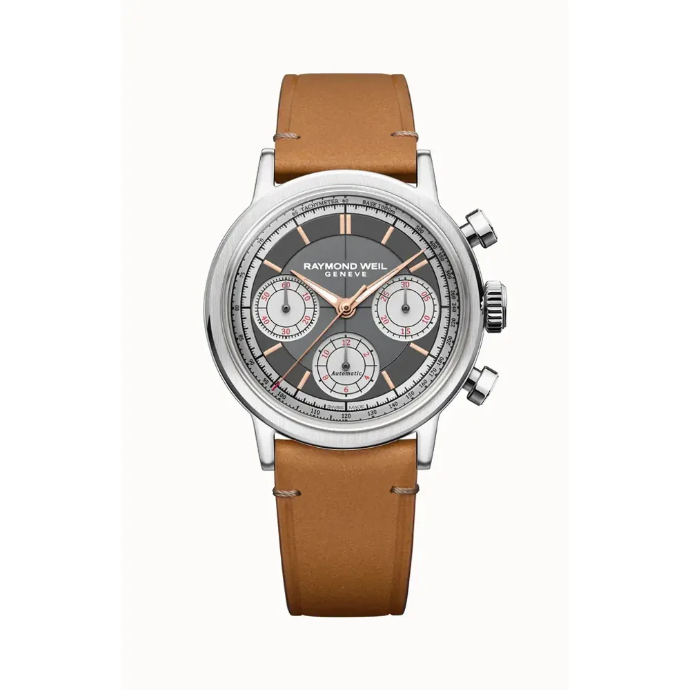 Raymond Weil Millesime Automatic Tri-Compax Chronograph Leather Strap Watch, 39 mm