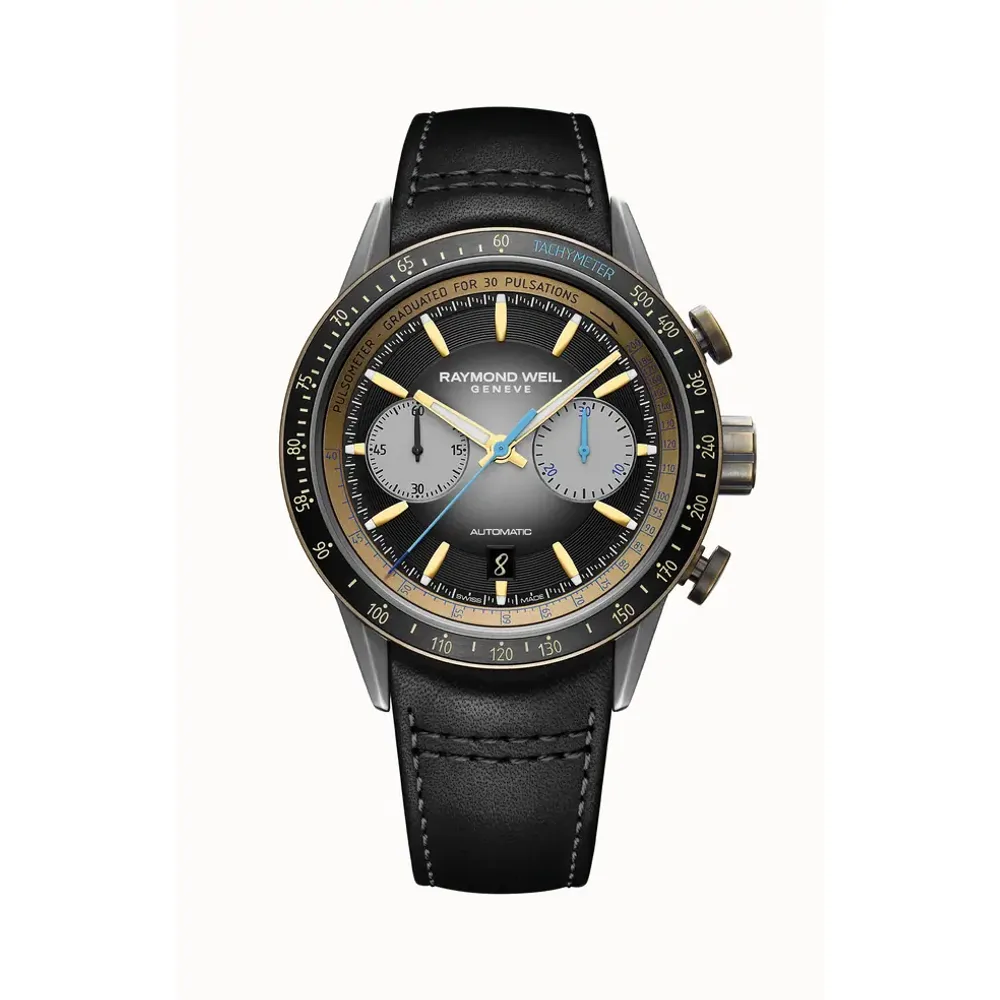Raymond Weil Freelancer Men's Automatic Chronograph Bi-compax Bronze and Titanium Leather Watch, 43 mm