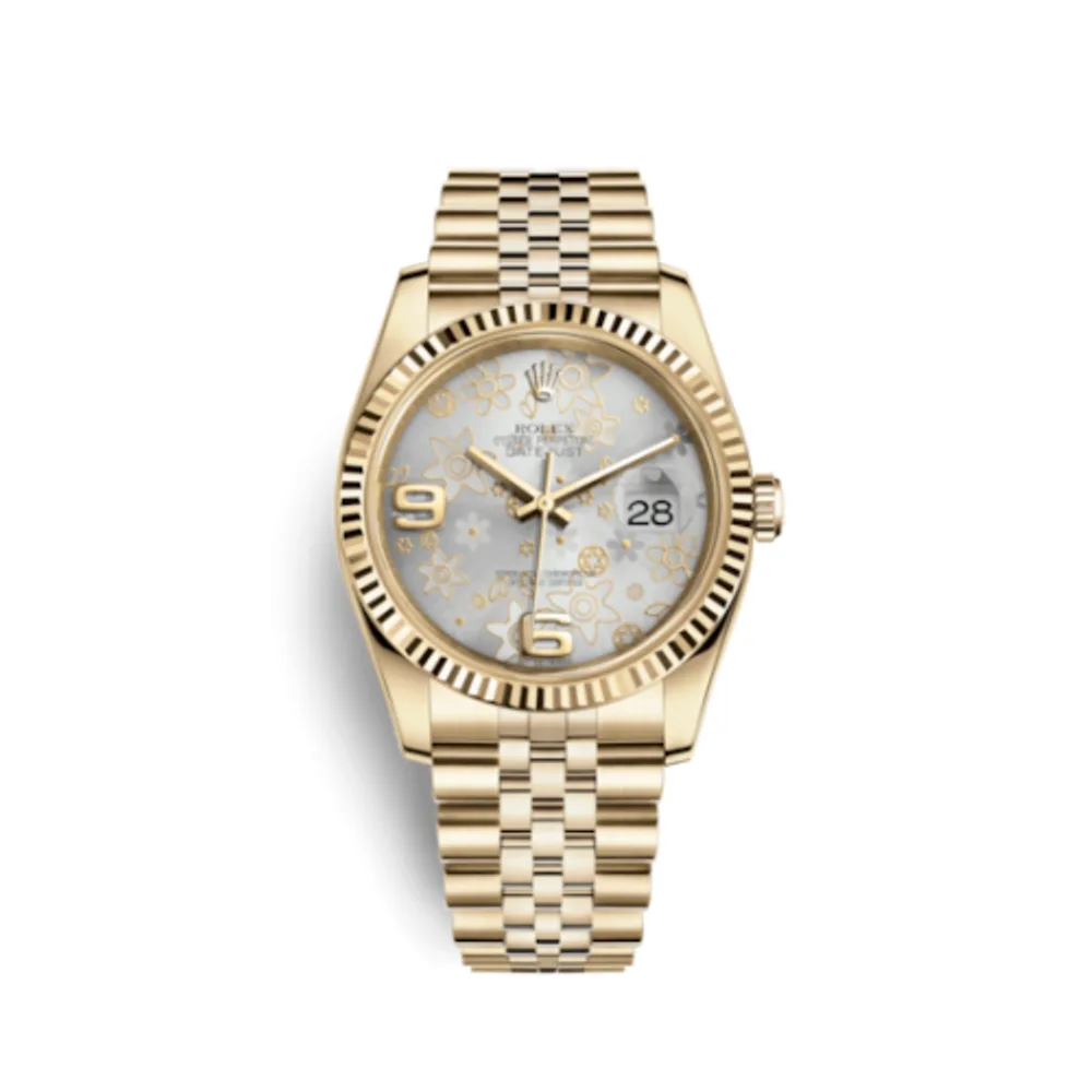 Rolex Datejust 36 Yellow Gold Fluted / Jubilee / Silver Floral