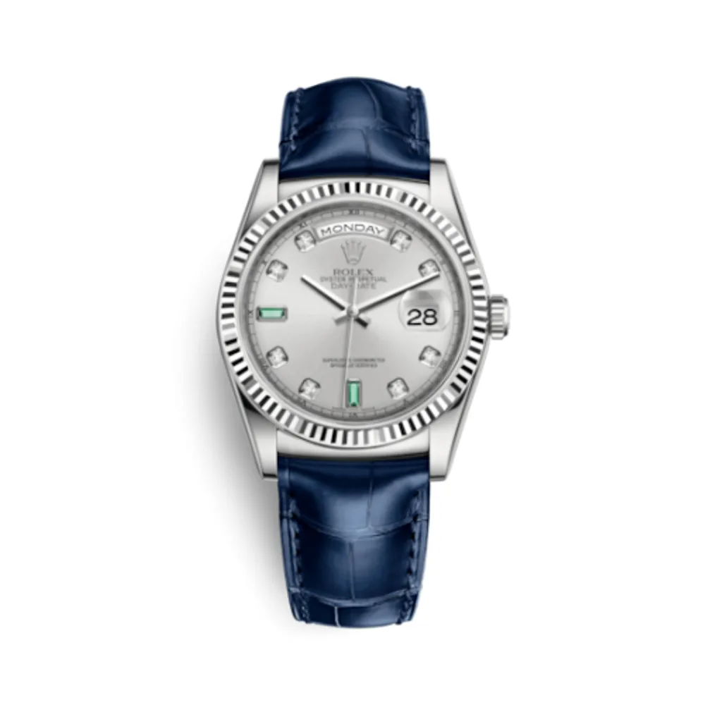 Rolex Day-Date 36 White Gold / Strap / Silver Diamond Emerald