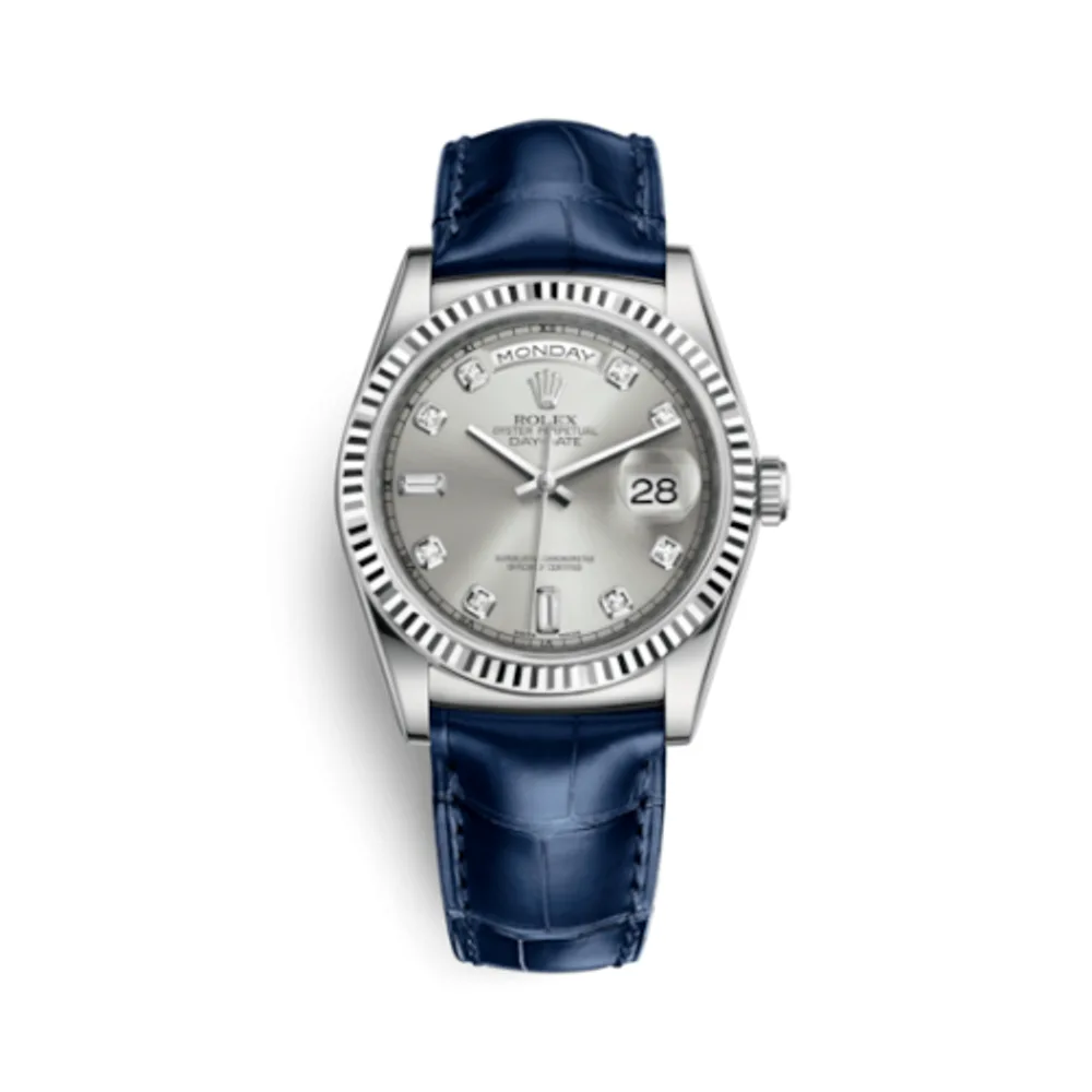 Rolex Day-Date 36 White Gold / Strap / Silver Diamond