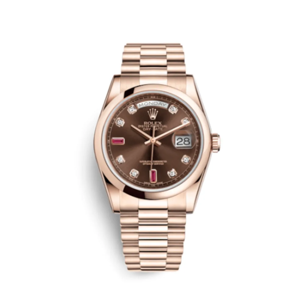Rolex Day-Date 36 Everose Domed / President / Chocolate Diamonds Rubies