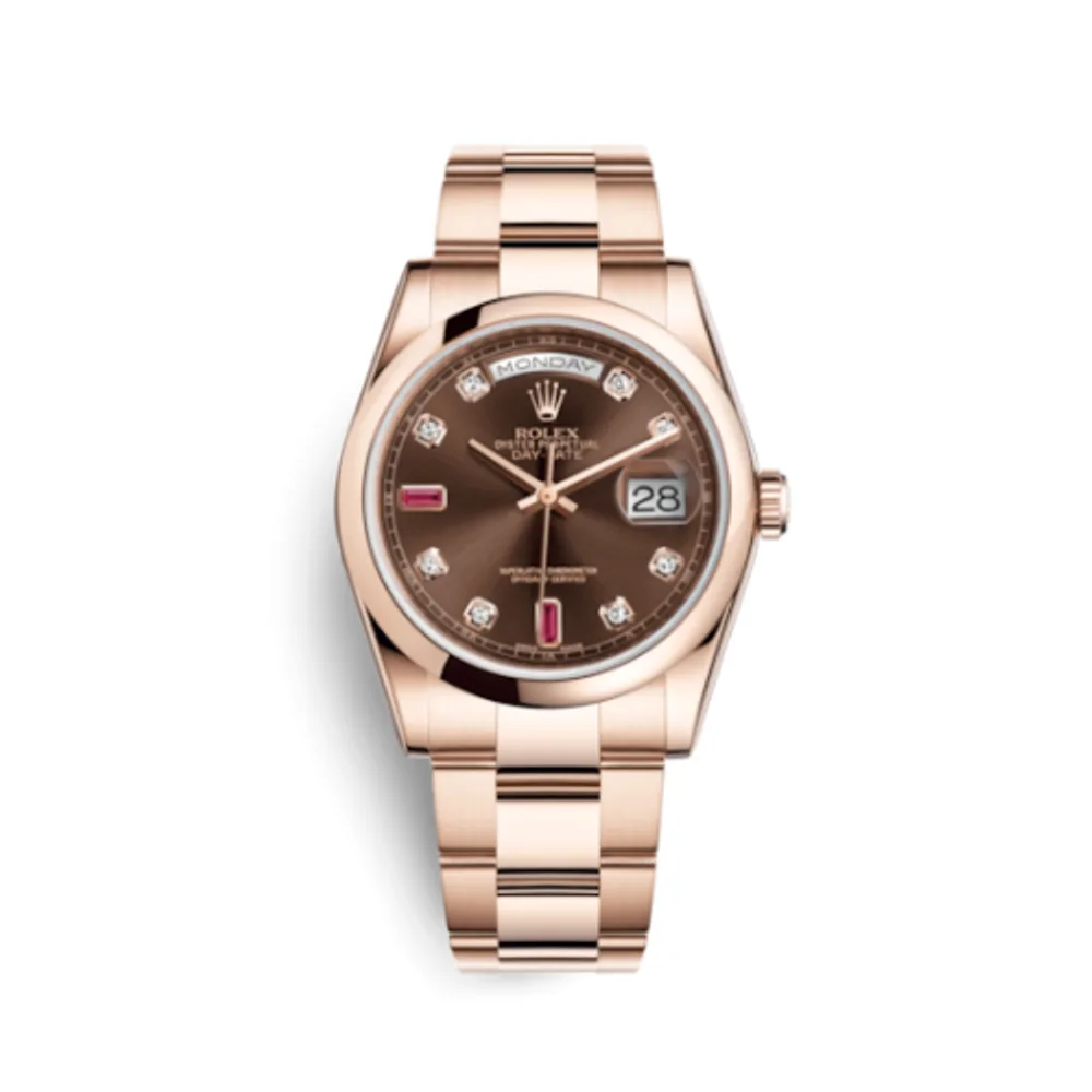Rolex Day-Date 36 Everose Domed / Oyster / Chocolate Diamonds Rubies