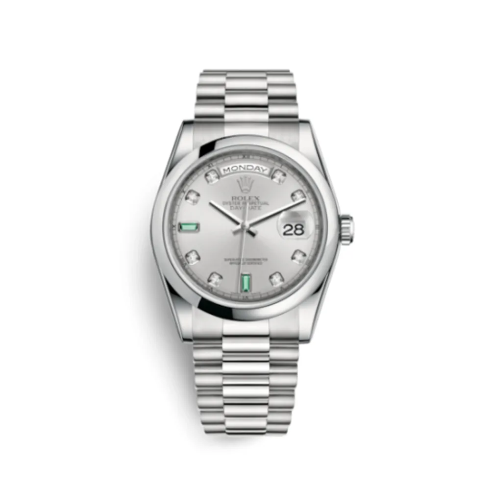 Rolex Day-Date 36 Platinum Domed / President / Silver Diamond Emerald