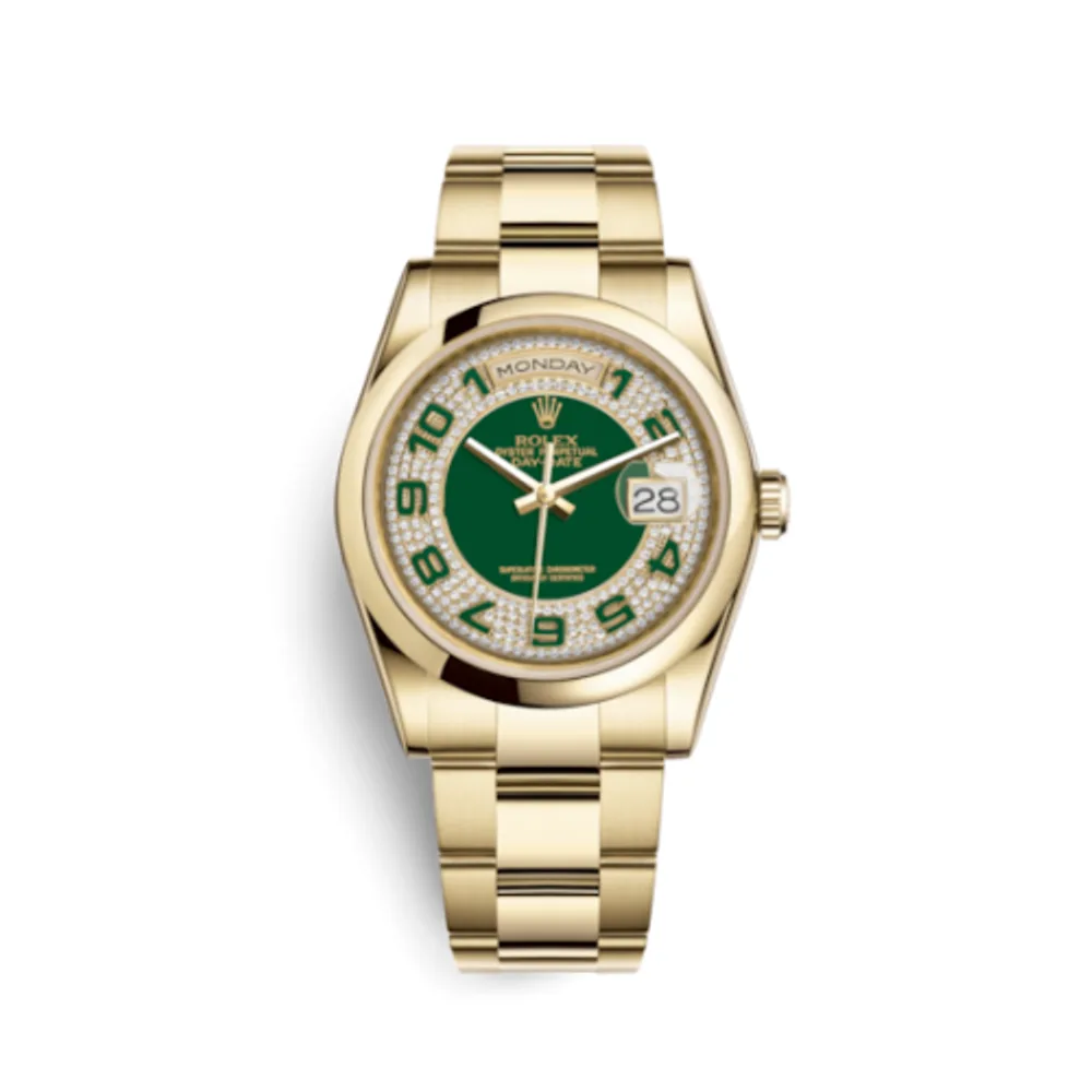 Rolex Day-Date 36 Yellow Gold Domed / Oyster / Green Paved