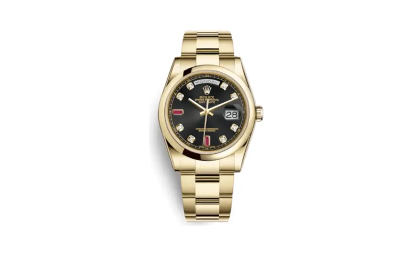 Rolex Day-Date 36 Yellow Gold Domed / Oyster / Black Diamonds Rubies