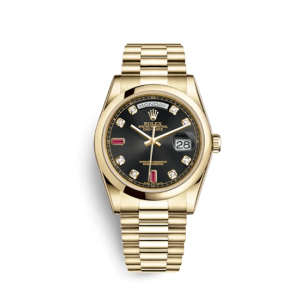 Rolex Day-Date 36 Yellow Gold Domed / President / Black Diamonds Rubies