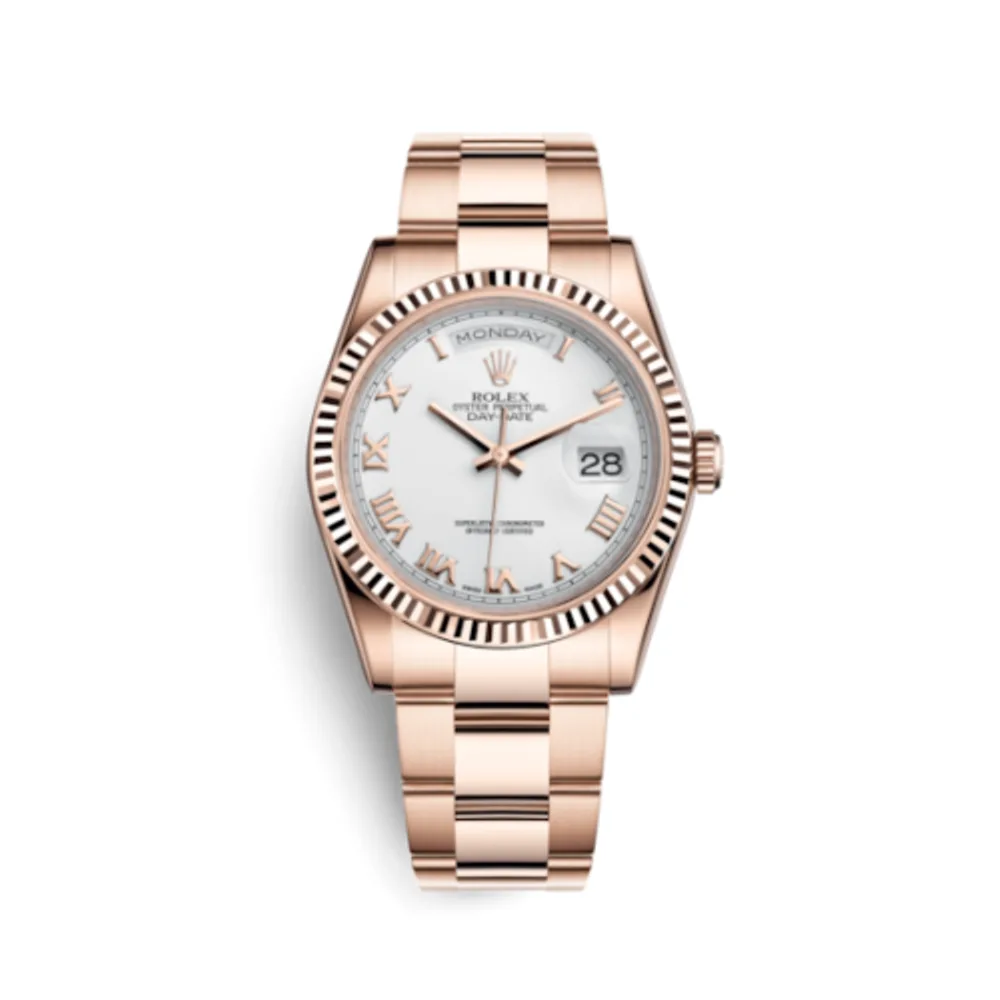 Rolex Day-Date 36 Everose Fluted / Oyster / White Roman