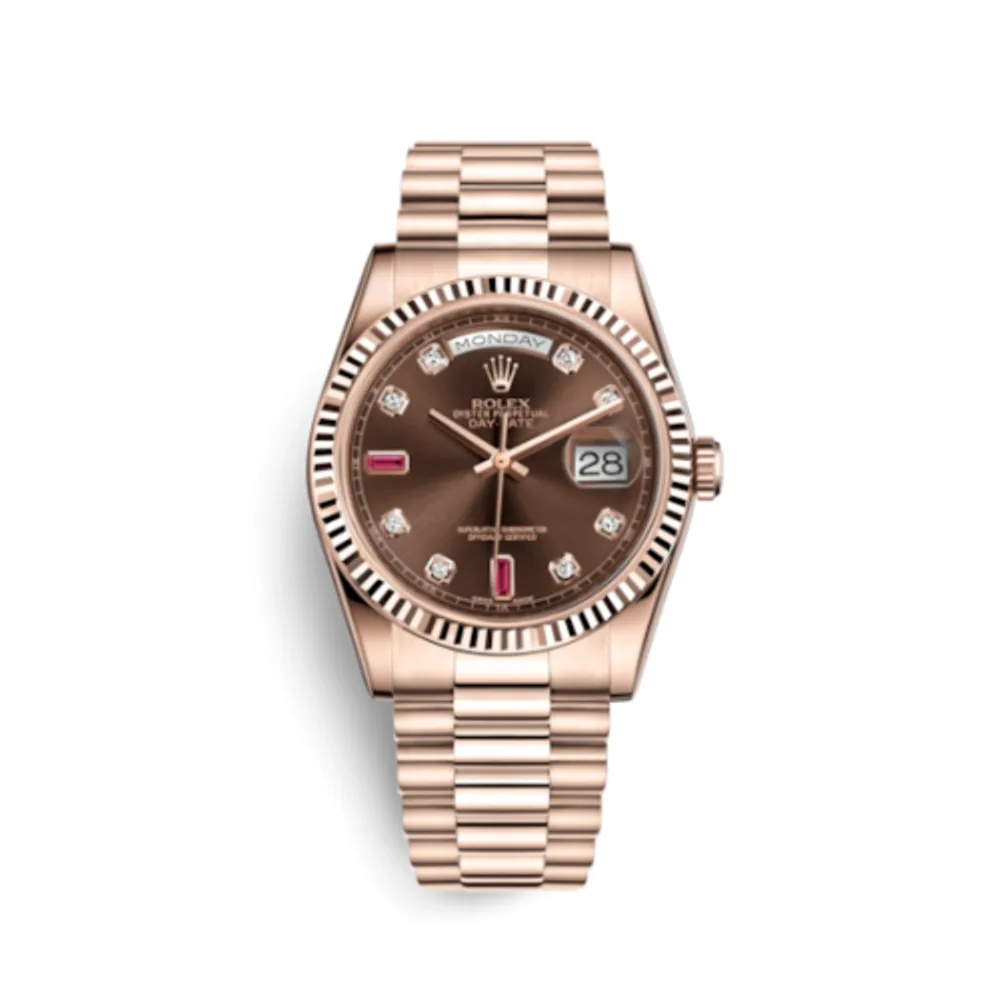 Rolex Day-Date 36 Everose Fluted / President / Chocolate Diamonds Rubies