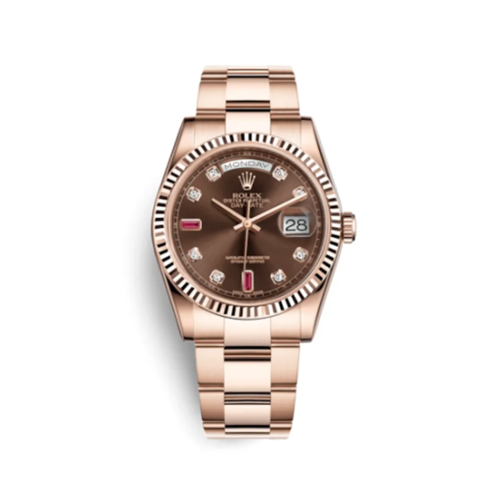 Rolex Day-Date 36 Everose Fluted / Oyster / Chocolate Diamonds Rubies