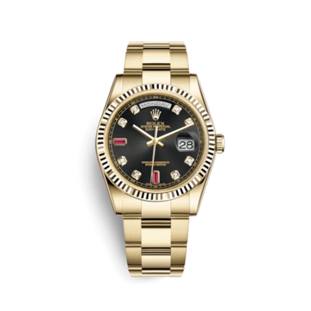 Rolex Day-Date 36 Yellow Gold Fluted / Oyster / Black Diamonds Rubies
