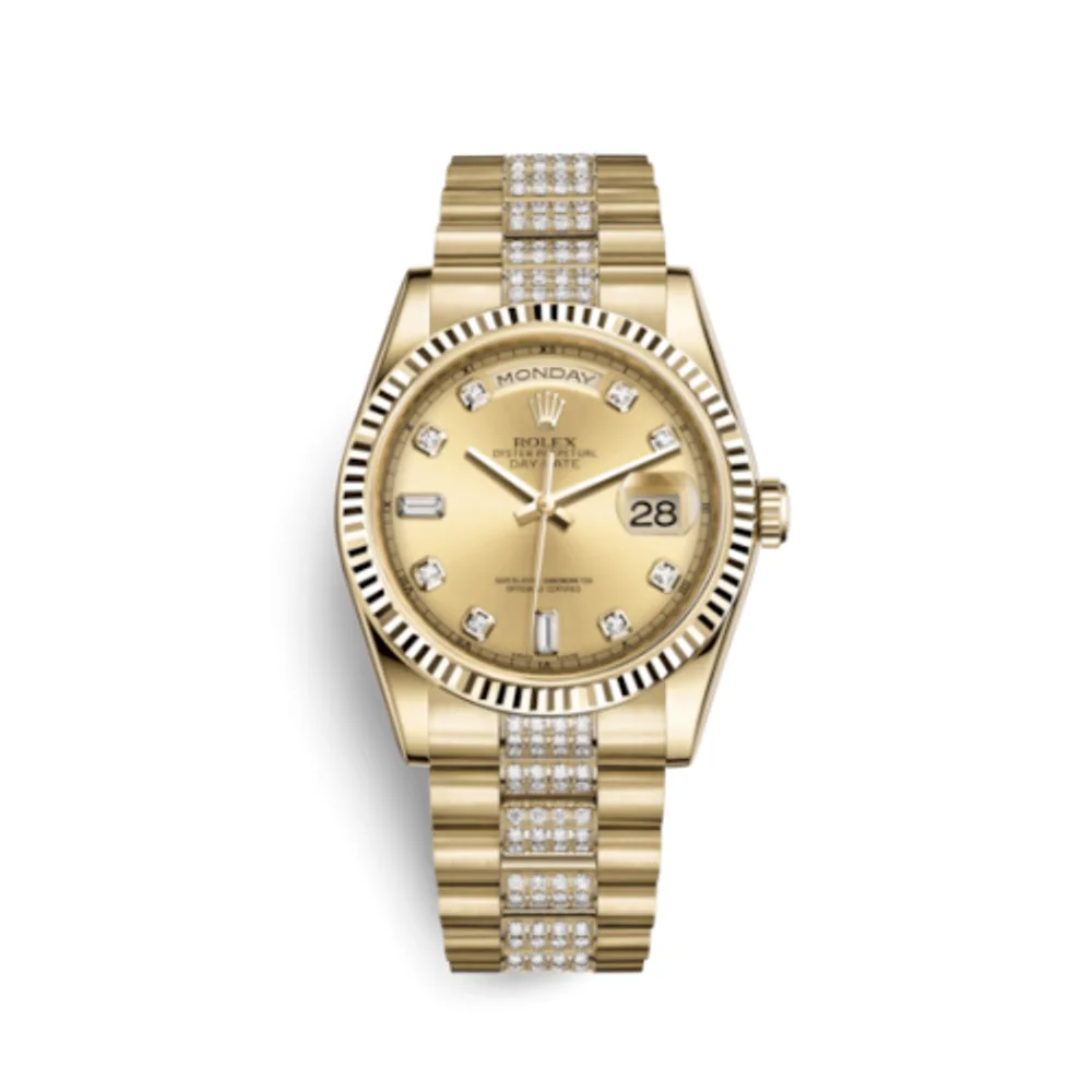 Rolex Day-Date 36 Yellow Gold Fluted / President Diamonds / Champagne Diamond