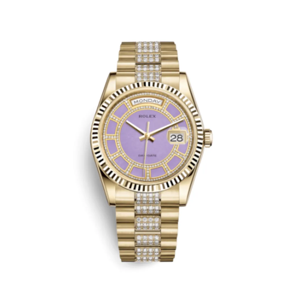 Rolex Day-Date 36 Yellow Gold Fluted / President Diamonds / Lavender Jade Carousel