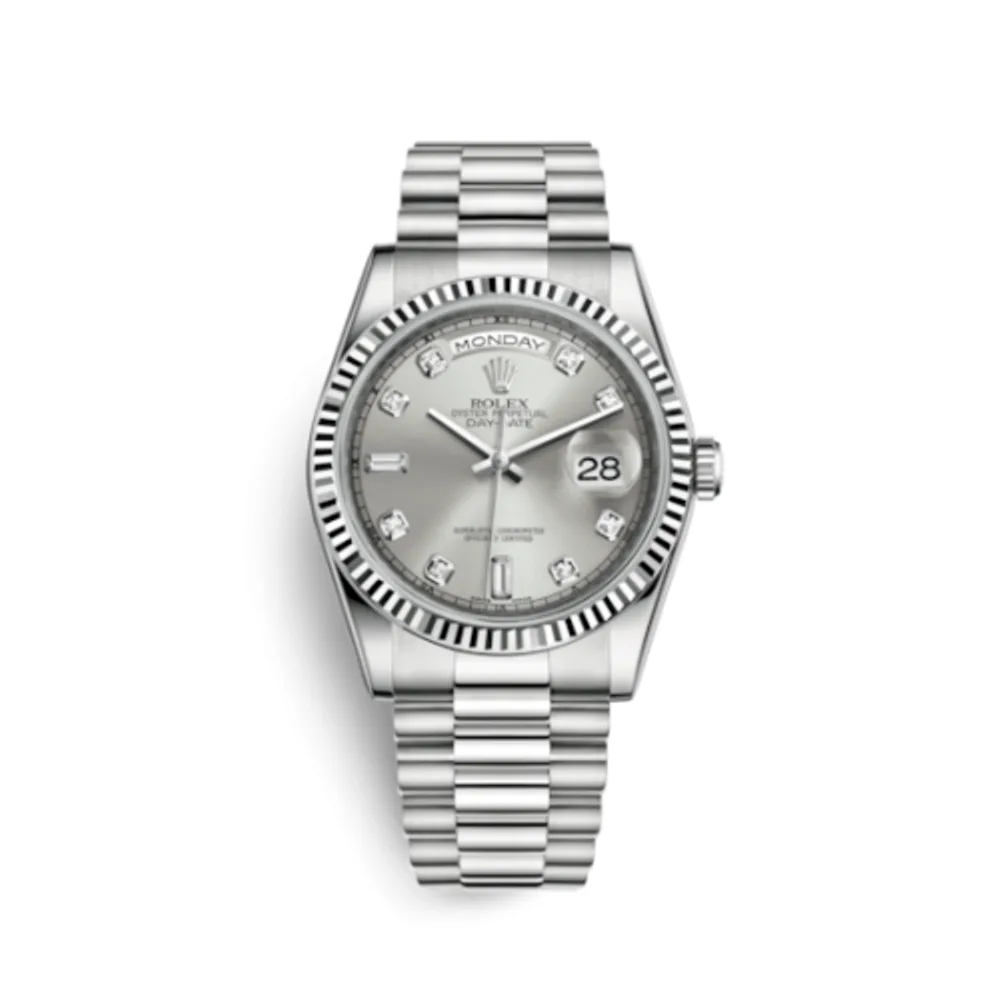 Rolex Day-Date 36 White Gold Fluted / President / Silver Diamond