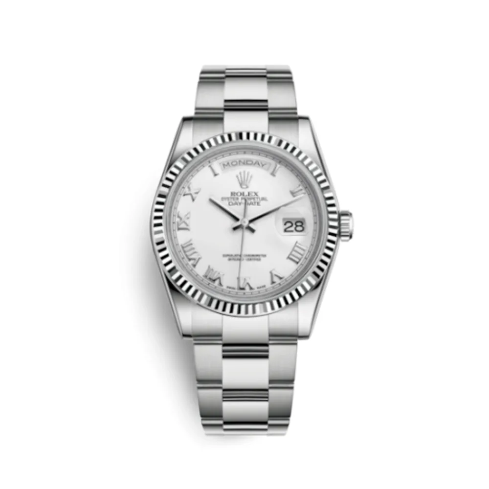 Rolex Day-Date 36 White Gold Fluted / Oyster / White Roman