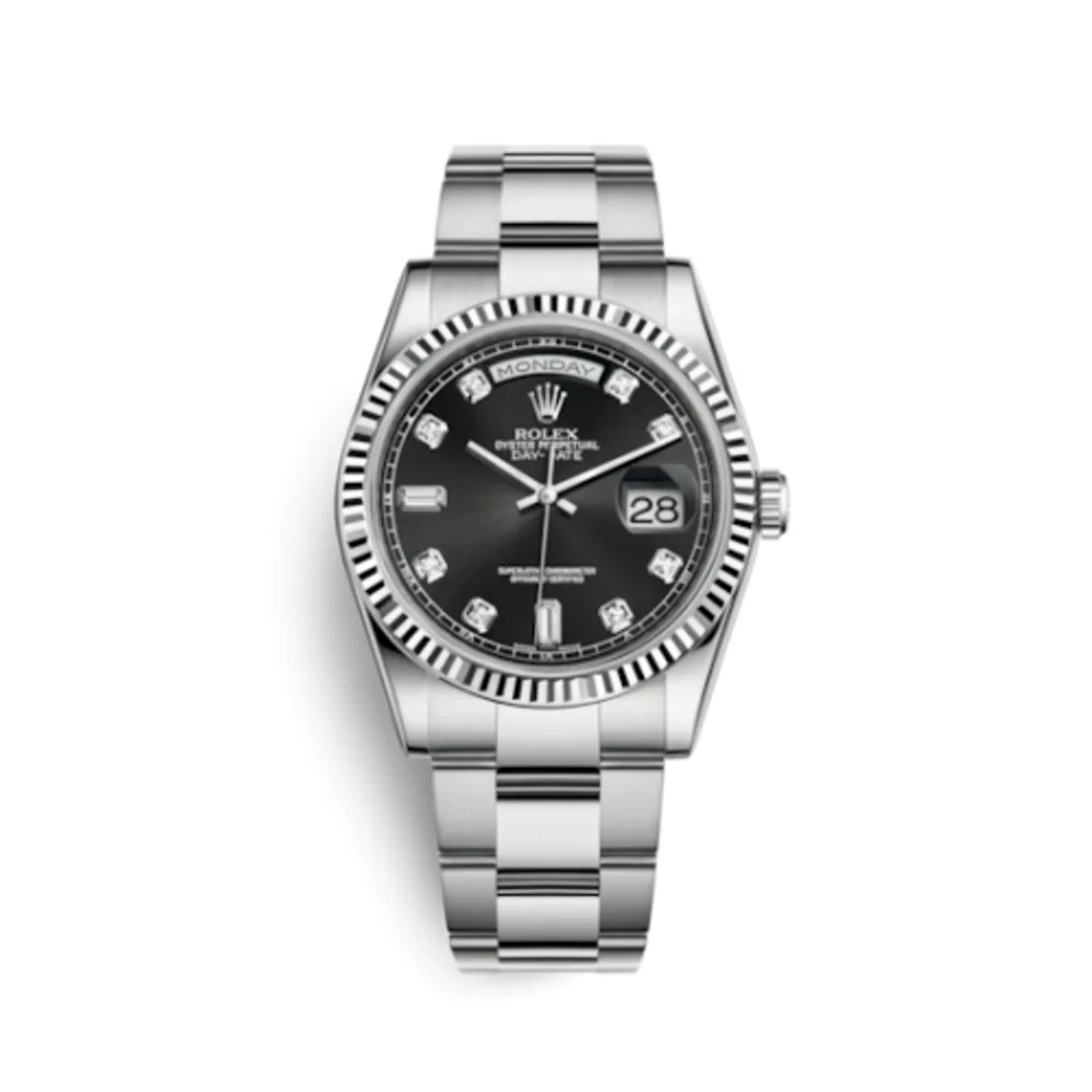 Rolex Day-Date 36 White Gold Fluted / Oyster / Black Diamonds