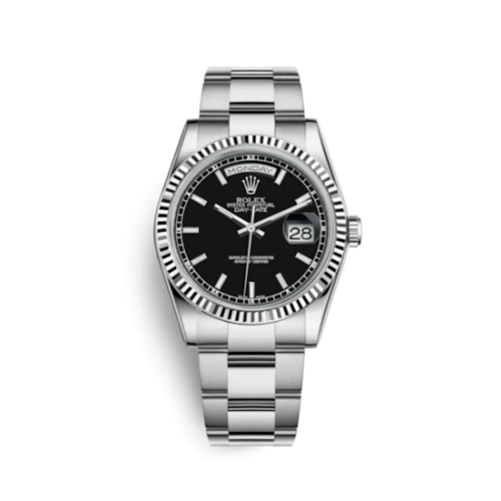 Rolex Day-Date 36 White Gold Fluted / Oyster / Black