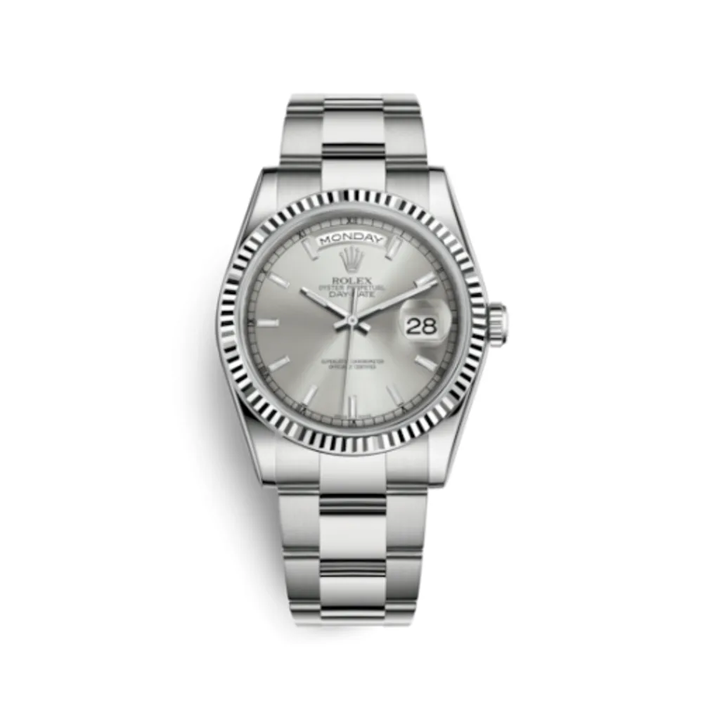Rolex Day-Date 36 White Gold Fluted / Oyster / Silver