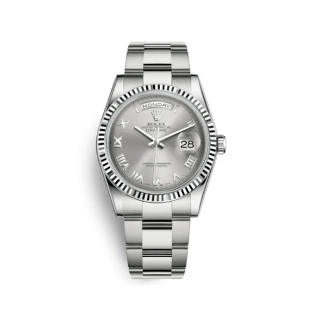 Rolex Day-Date 36 White Gold Fluted / Oyster / Grey Roman