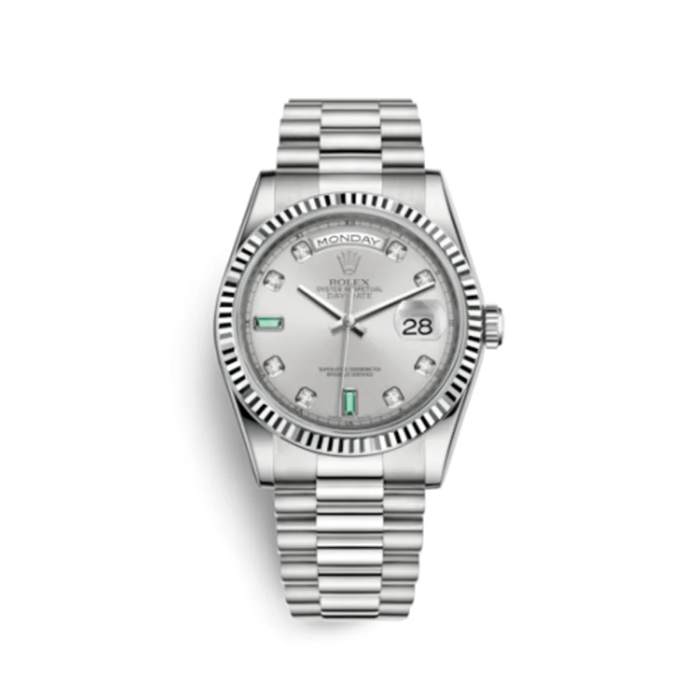 Rolex Day-Date 36 White Gold Fluted / President / Silver Diamond Emerald