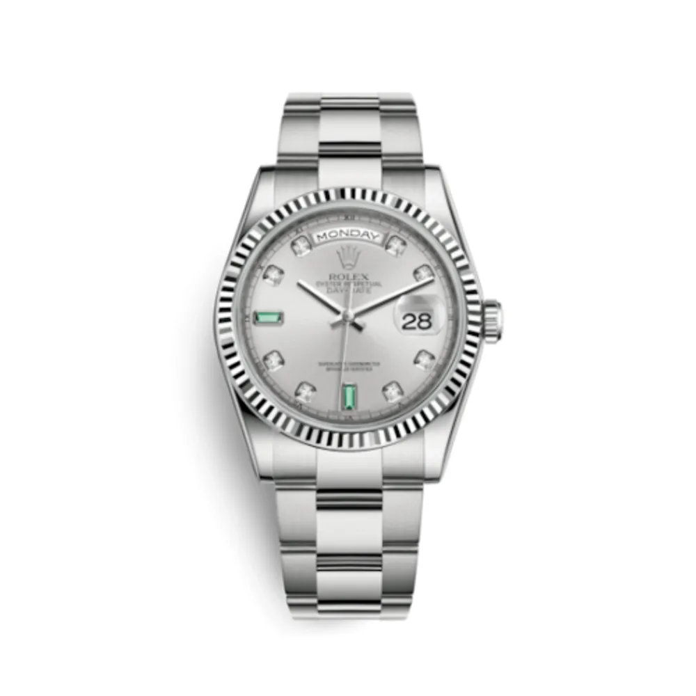 Rolex Day-Date 36 White Gold Fluted / Oyster / Silver Diamond Emerald