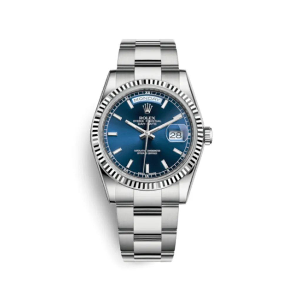 Rolex Day-Date 36 White Gold Fluted / Oyster / Blue