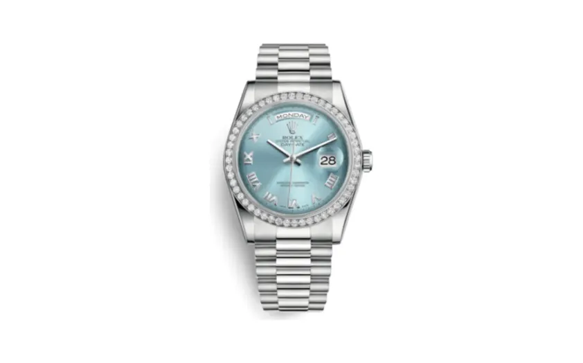 Rolex Day-Date 36 Platinum Diamonds / President / Ice Blue Roman
