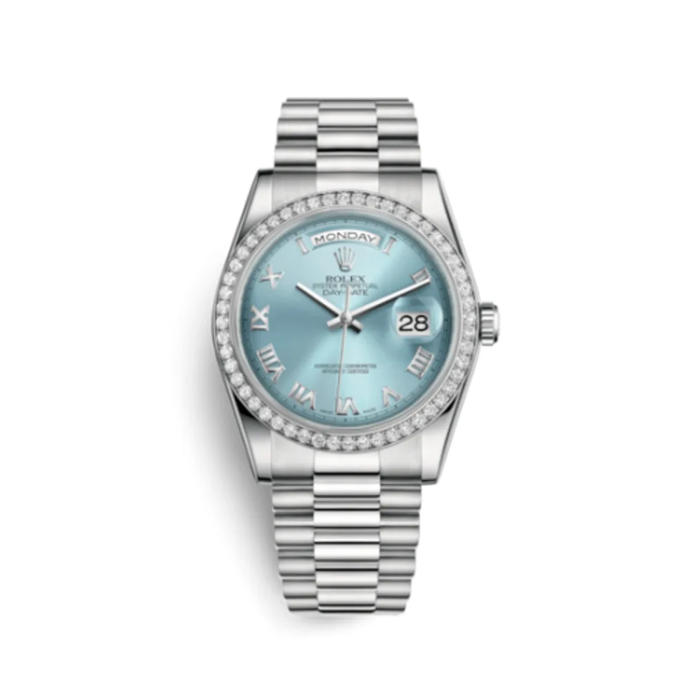 Rolex Day-Date 36 Platinum Diamonds / President / Ice Blue Roman