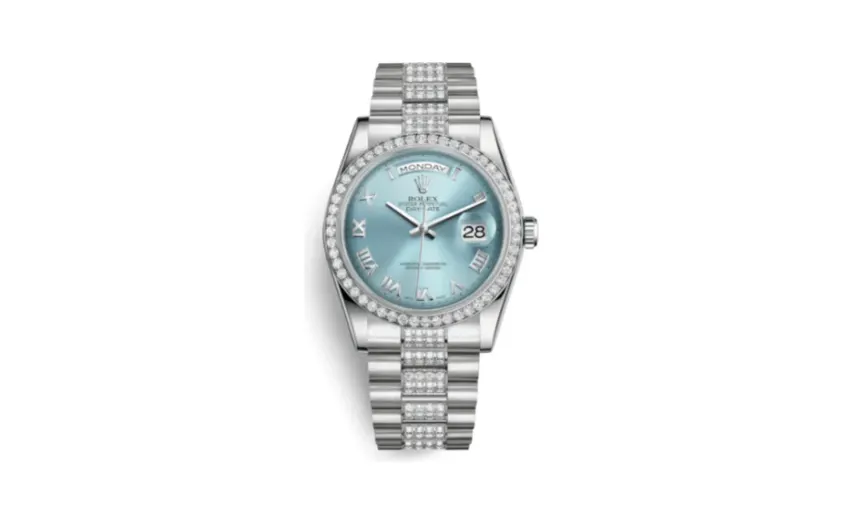Rolex Day-Date 36 Platinum Diamonds / President Diamonds / Ice Blue Roman