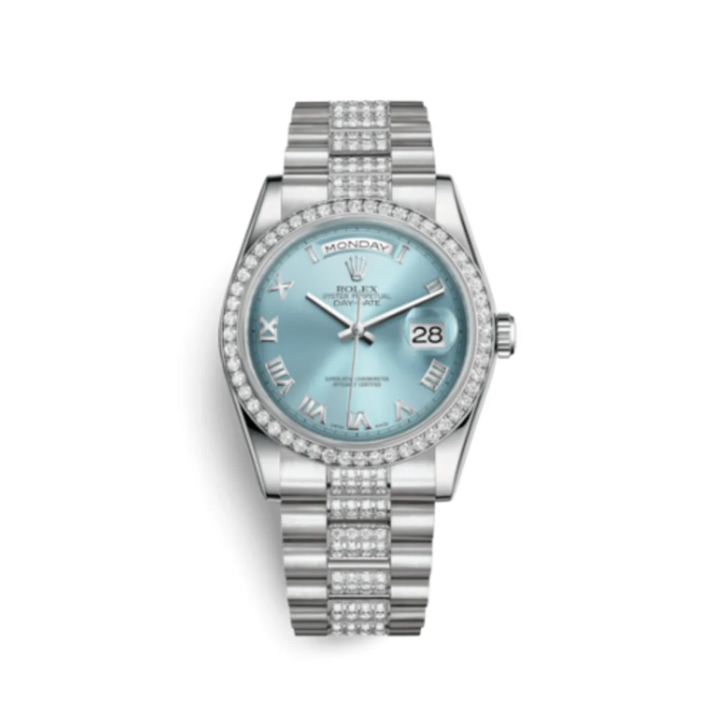 Rolex Day-Date 36 Platinum Diamonds / President Diamonds / Ice Blue Roman