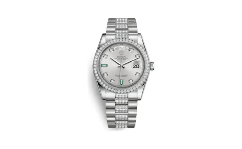 Rolex Day-Date 36 Platinum Diamonds / President Diamonds / Silver Diamond Emerald