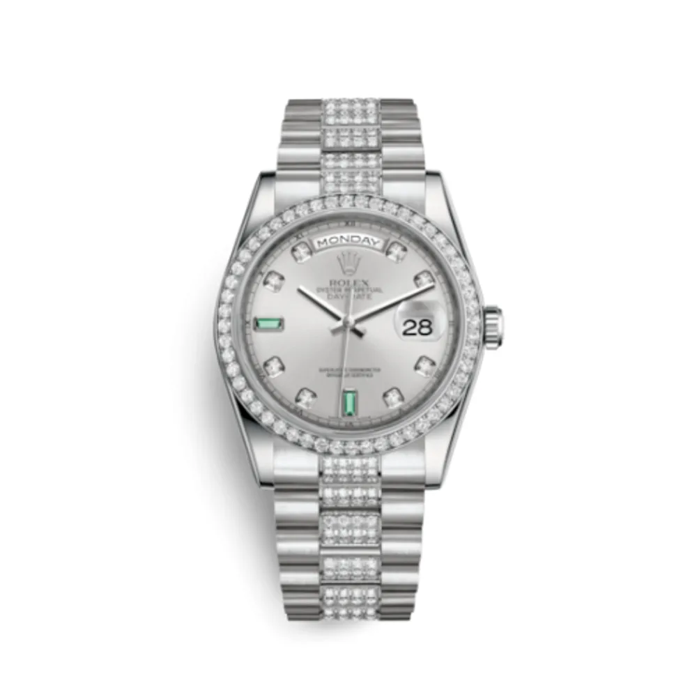 Rolex Day-Date 36 Platinum Diamonds / President Diamonds / Silver Diamond Emerald